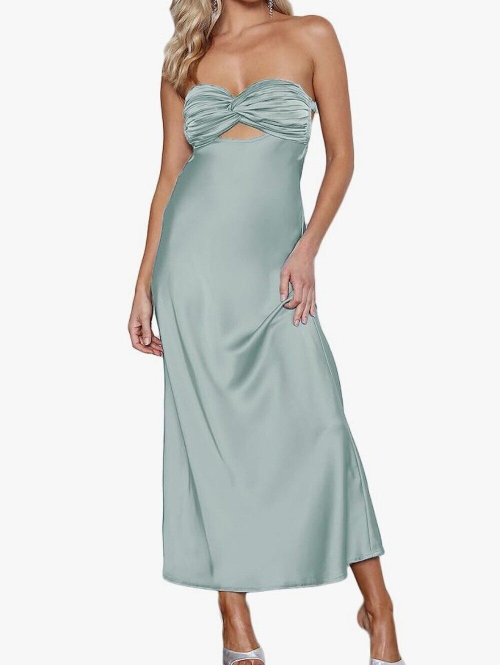 Hello Molly Strapless Sage Green Satin Twist-Front Midi Dress